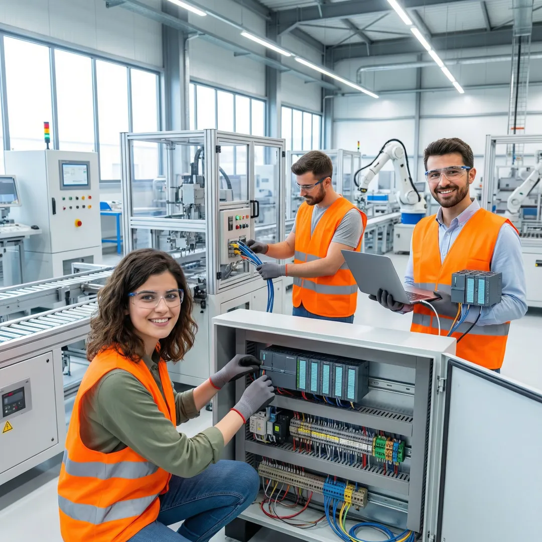 Engineers implementing factory automation system with control panels and machinery