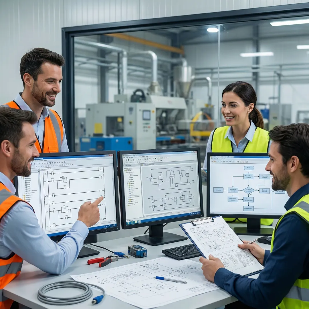 Modern industrial manufacturing facility with PLC automation control panels and programmable logic controllers