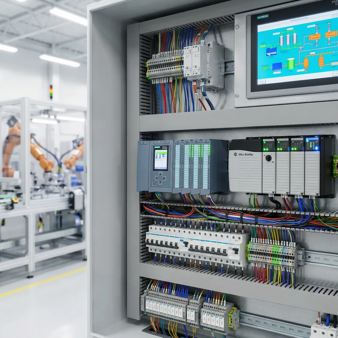 Industrial electrical control panel installation in modern manufacturing facility