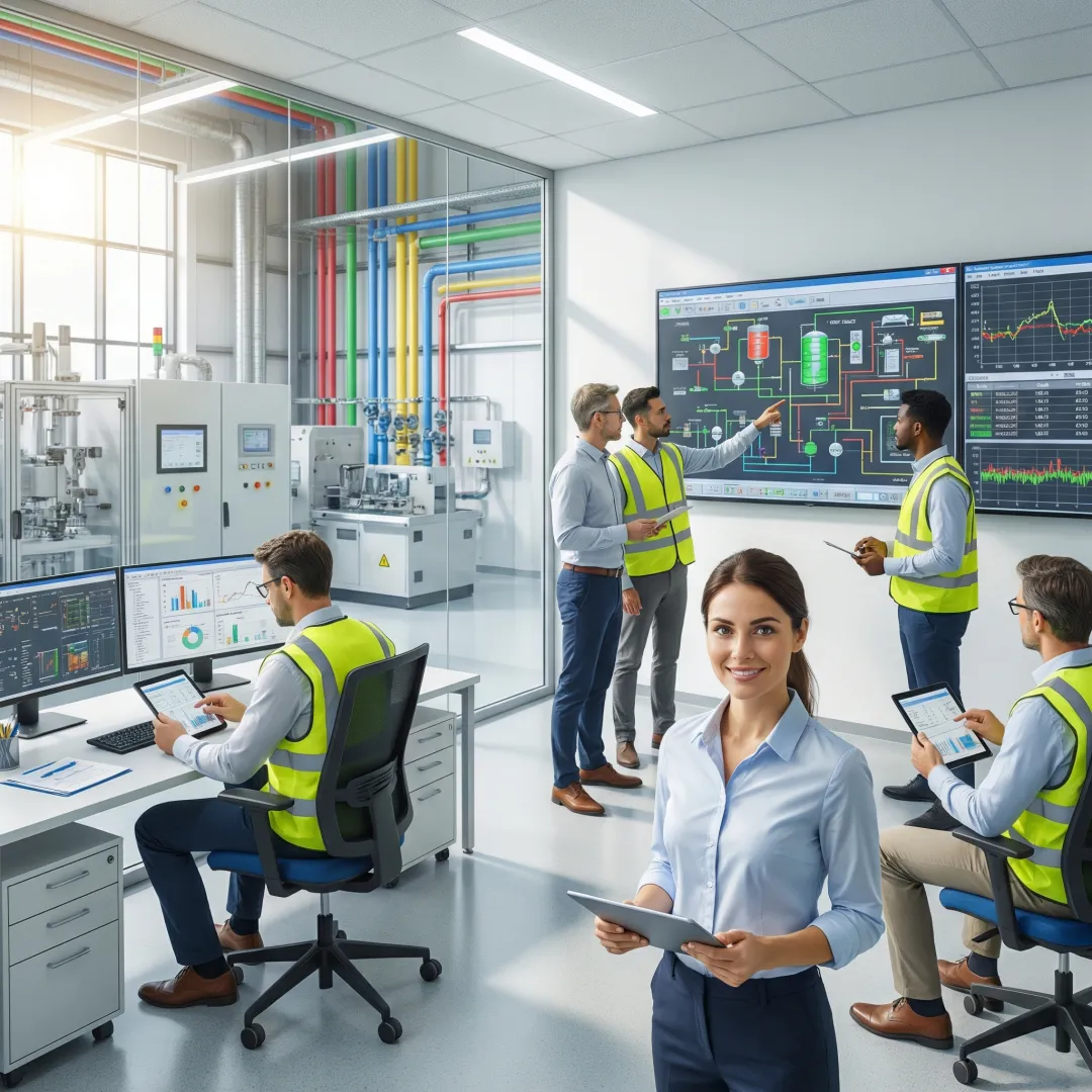 Industrial engineers reviewing facility automation plans and control systems