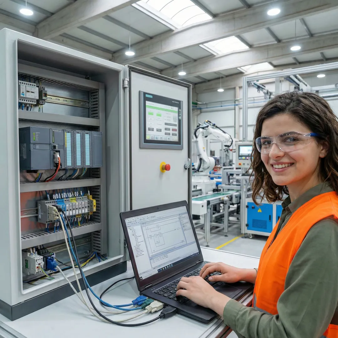 Industrial engineer programming PLC control system in manufacturing facility