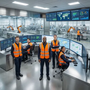 Advanced smart manufacturing control room with digital monitoring systems and automated industrial equipment
