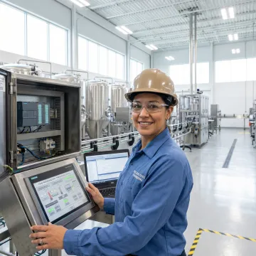 Engineer reviewing control system programming for food processing automation