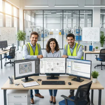 Engineers designing custom industrial automation control panel on computer workstation