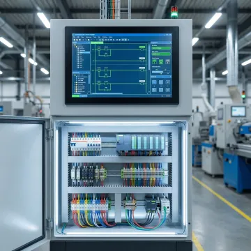 Industrial PLC control panel with programming interface and automation equipment