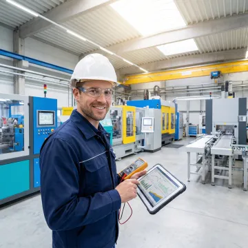 Industrial engineer conducting comprehensive operational audit with diagnostic equipment in manufacturing facility