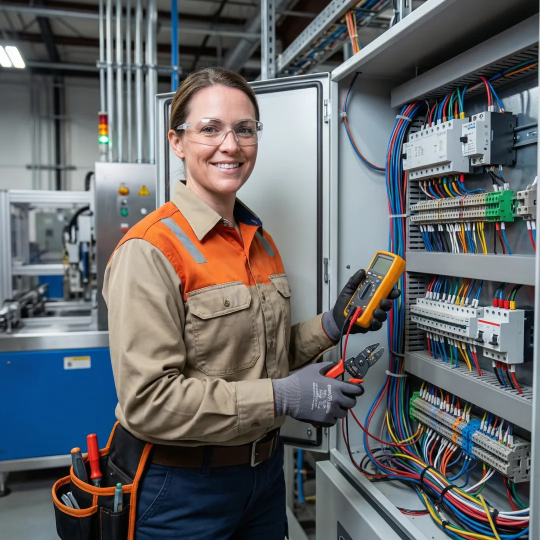 Technician working on industrial control system installation and testing