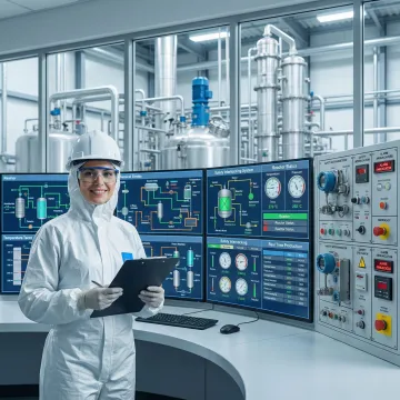 Advanced chemical plant automation control room with monitoring systems