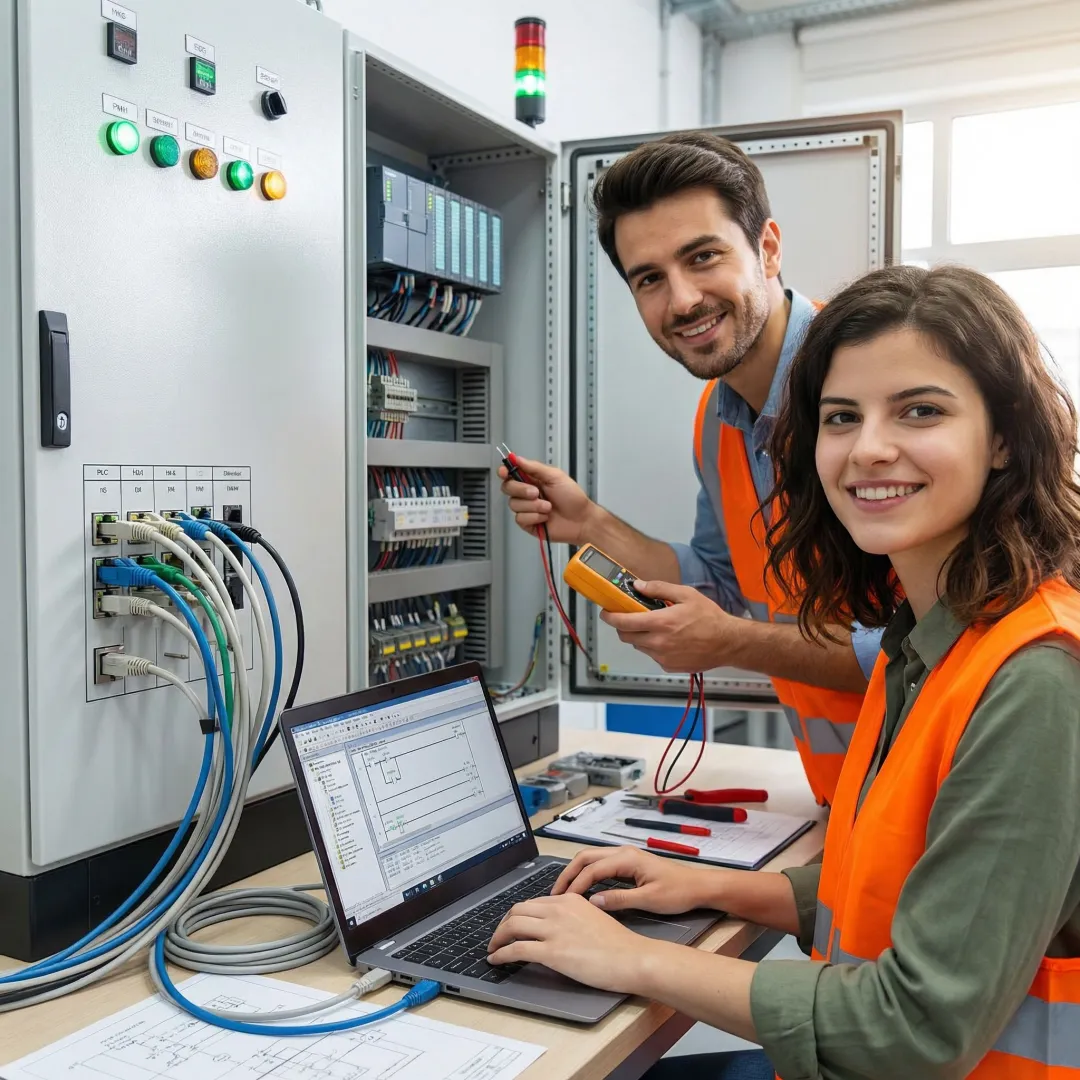 Engineers configuring PLC system with laptop and control panel