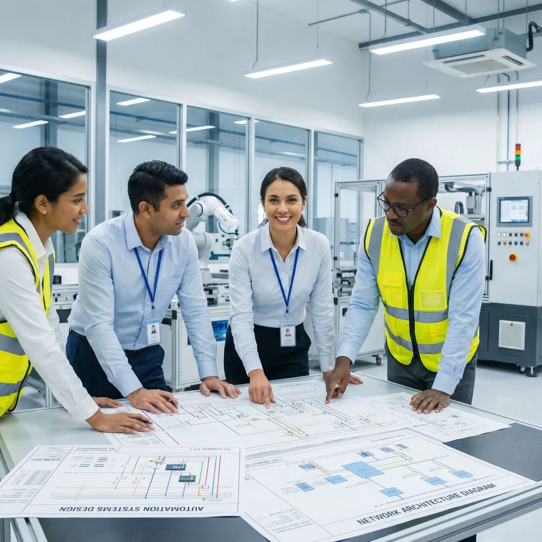 Engineering team reviewing process control system blueprints and automation designs