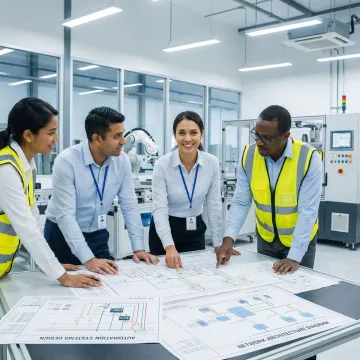 Engineering team reviewing process control system blueprints and automation designs