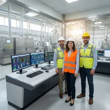 Process control engineers analyzing industrial automation systems and control panels