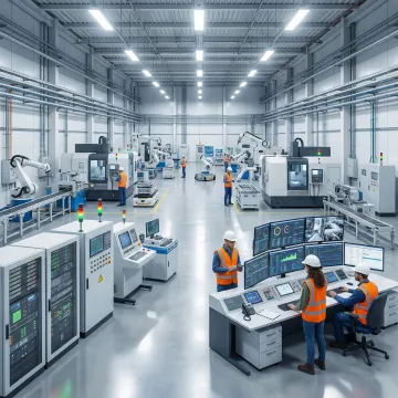 Modern factory floor with integrated automation systems, robotic arms, and control panels