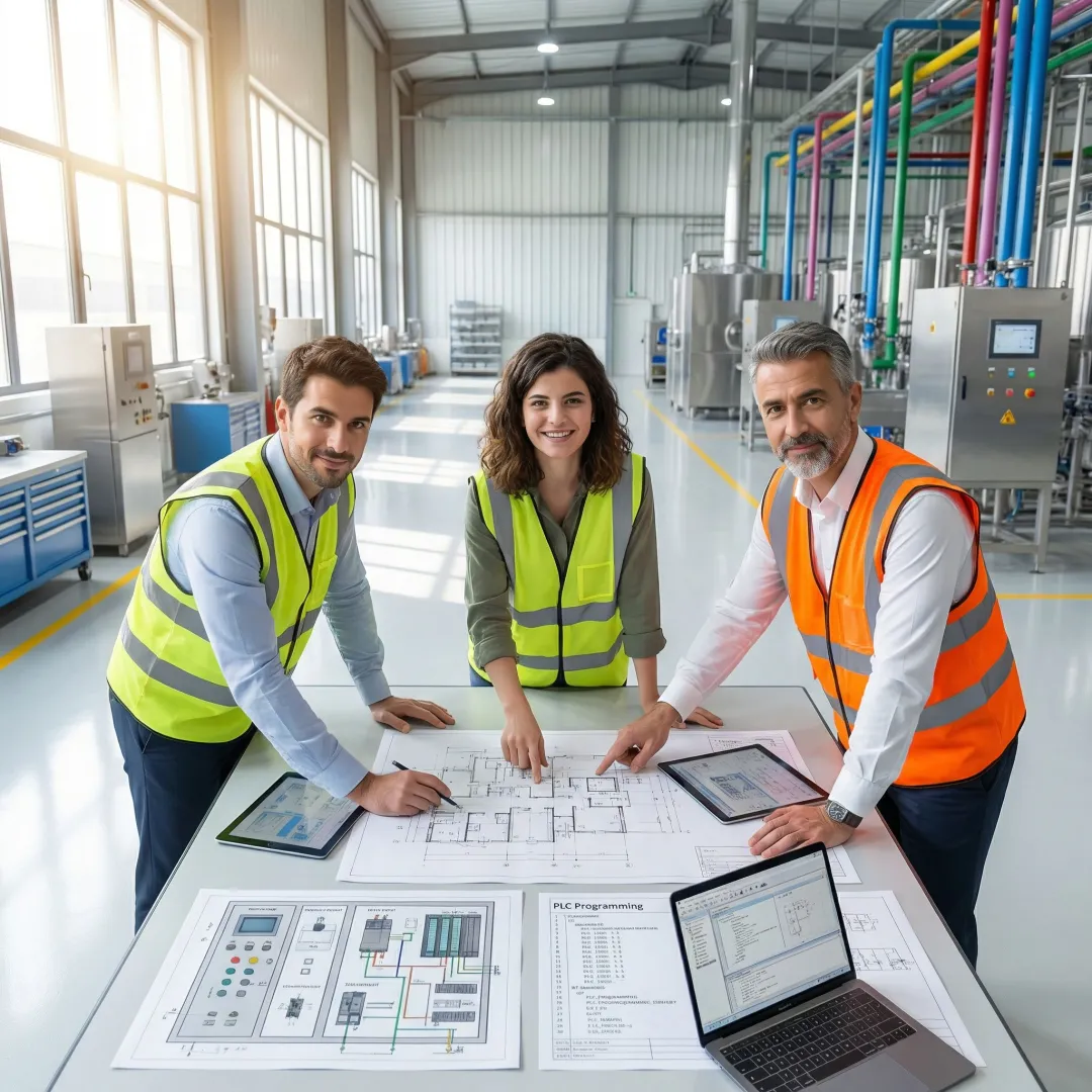 Engineers reviewing factory automation system blueprints and control panel configurations