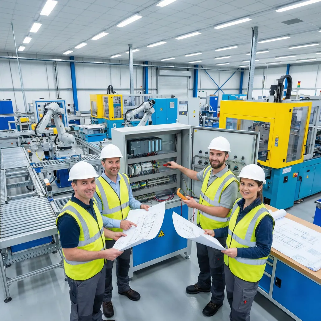 Engineers reviewing automation system blueprints and conducting installation planning