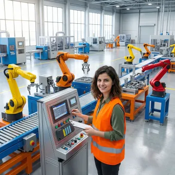 Industrial robotic arm with PLC control panel in modern manufacturing facility