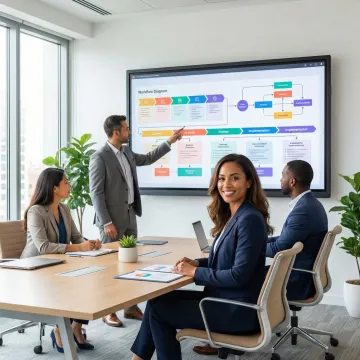 Engineers collaborating on process improvement strategy with digital workflow visualization