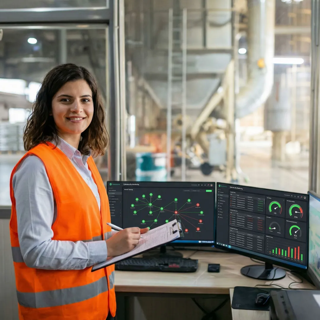 Engineer reviewing industrial cybersecurity dashboard with network topology and security status