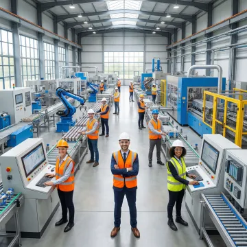 Modern industrial manufacturing facility with automated control systems and engineering equipment