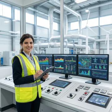 Industrial power plant control room with advanced automation systems and monitoring displays