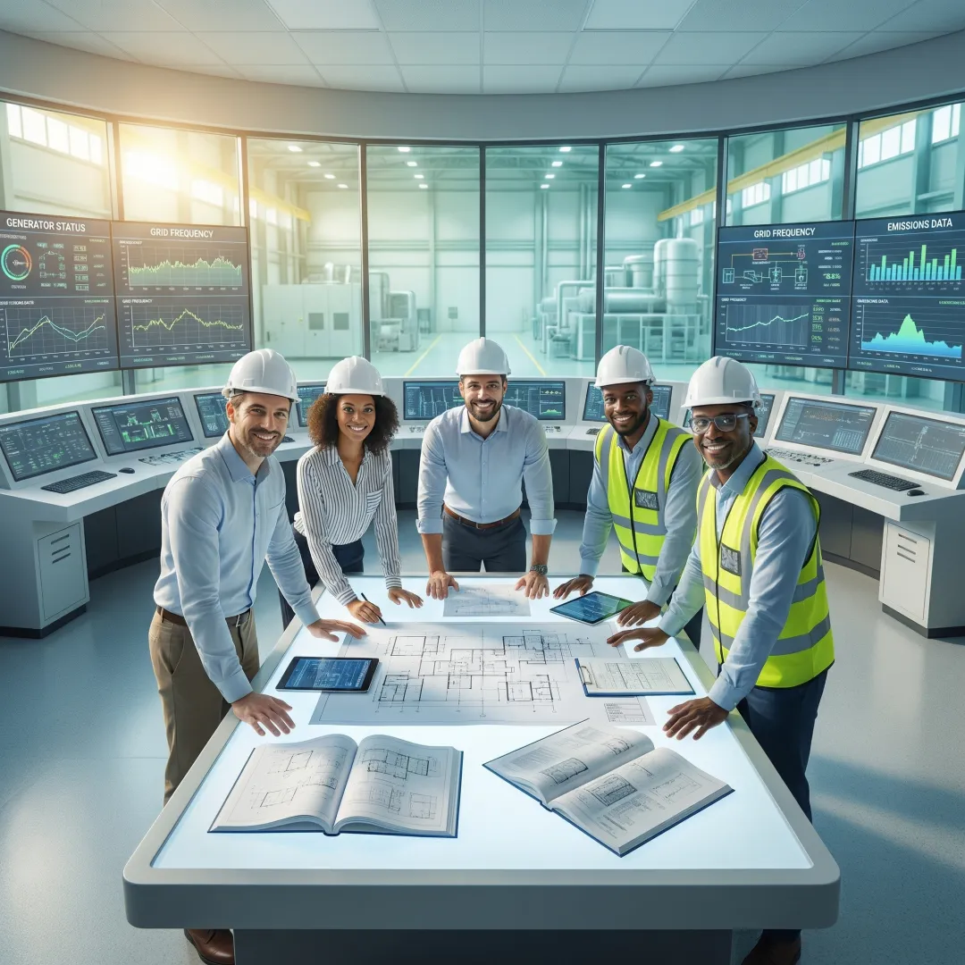 Engineers reviewing industrial automation control system schematics for power plant optimization