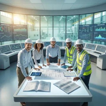 Engineers reviewing industrial automation control system schematics for power plant optimization