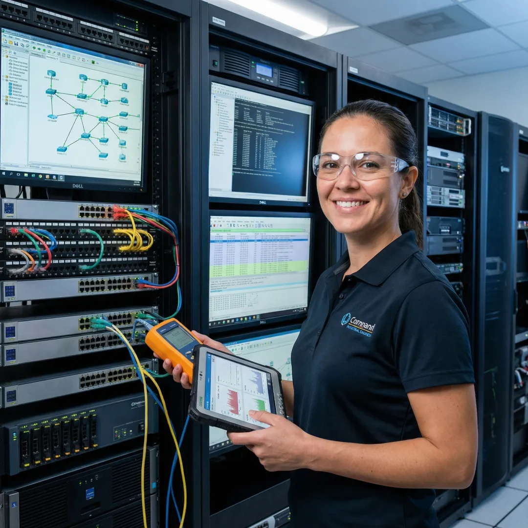 Engineer conducting systematic network testing on industrial control systems