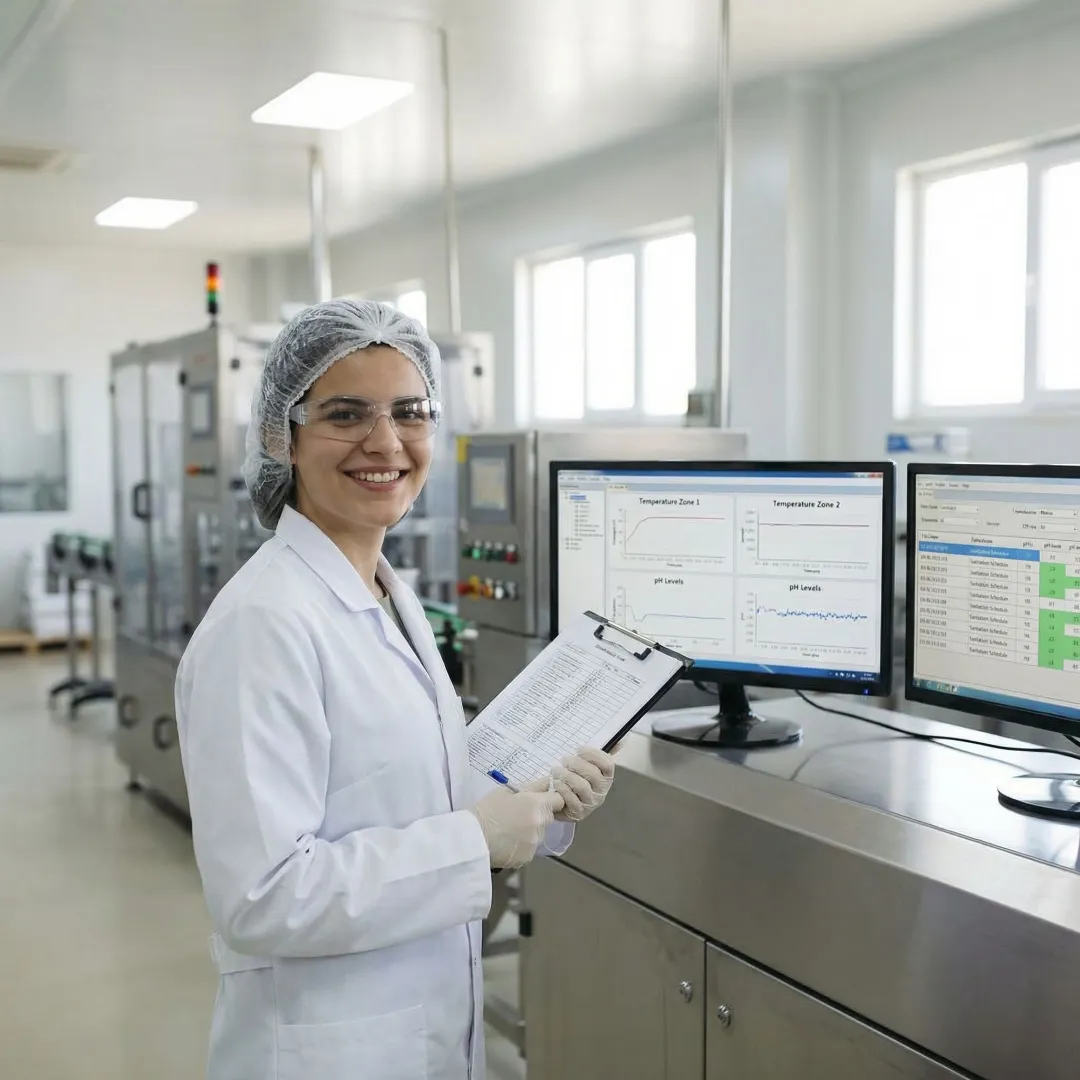 Food production engineer monitoring automated control systems on digital displays
