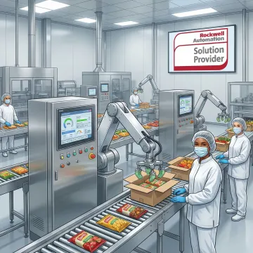 Advanced food production automation system with robotic arms and conveyor systems in modern manufacturing facility