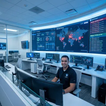 Industrial control room with multiple monitoring screens showing cybersecurity dashboard and network security analytics