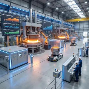 Industrial metallurgical plant with advanced energy management control systems monitoring furnace operations