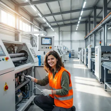 Industrial technician performing maintenance on manufacturing equipment in a modern production facility