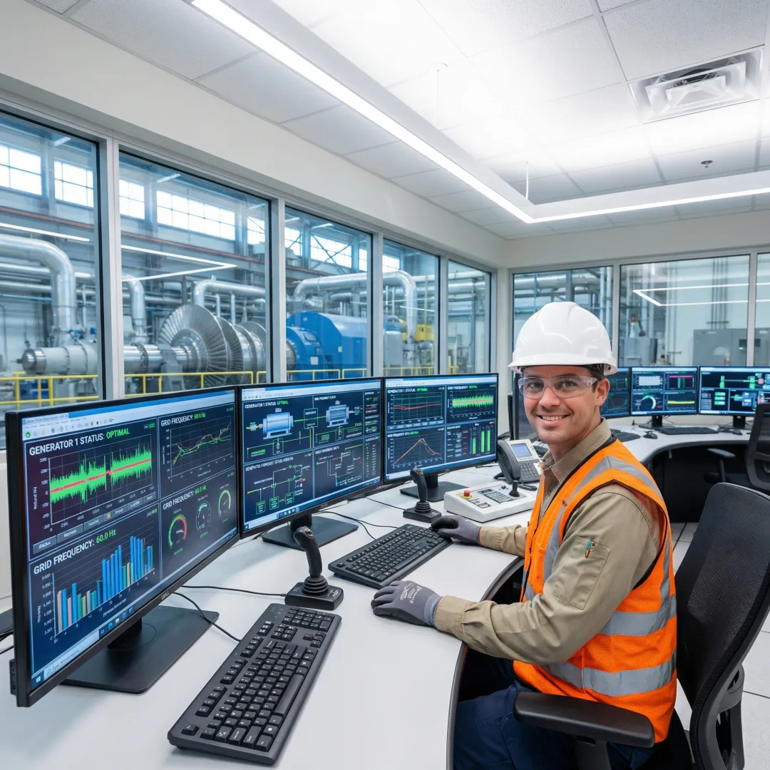 Power plant inspection process showing technician examining control panel systems