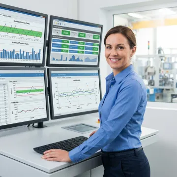 Industrial engineer analyzing production variability data on multiple monitors showing control charts and quality metrics