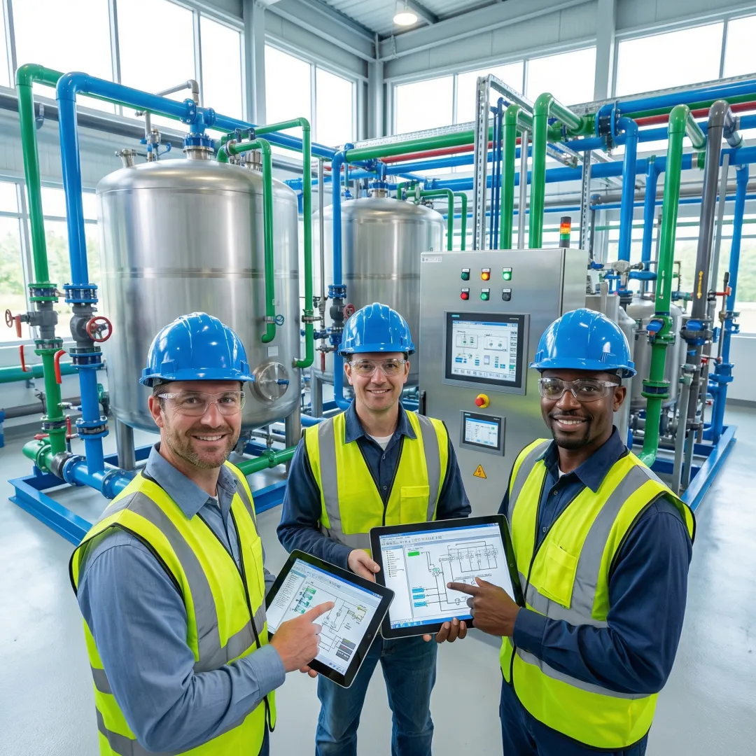 Engineering team reviewing water treatment automation system blueprints
