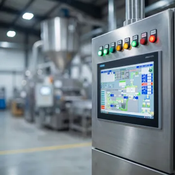 Advanced PLC control panel with digital displays monitoring industrial manufacturing automation systems