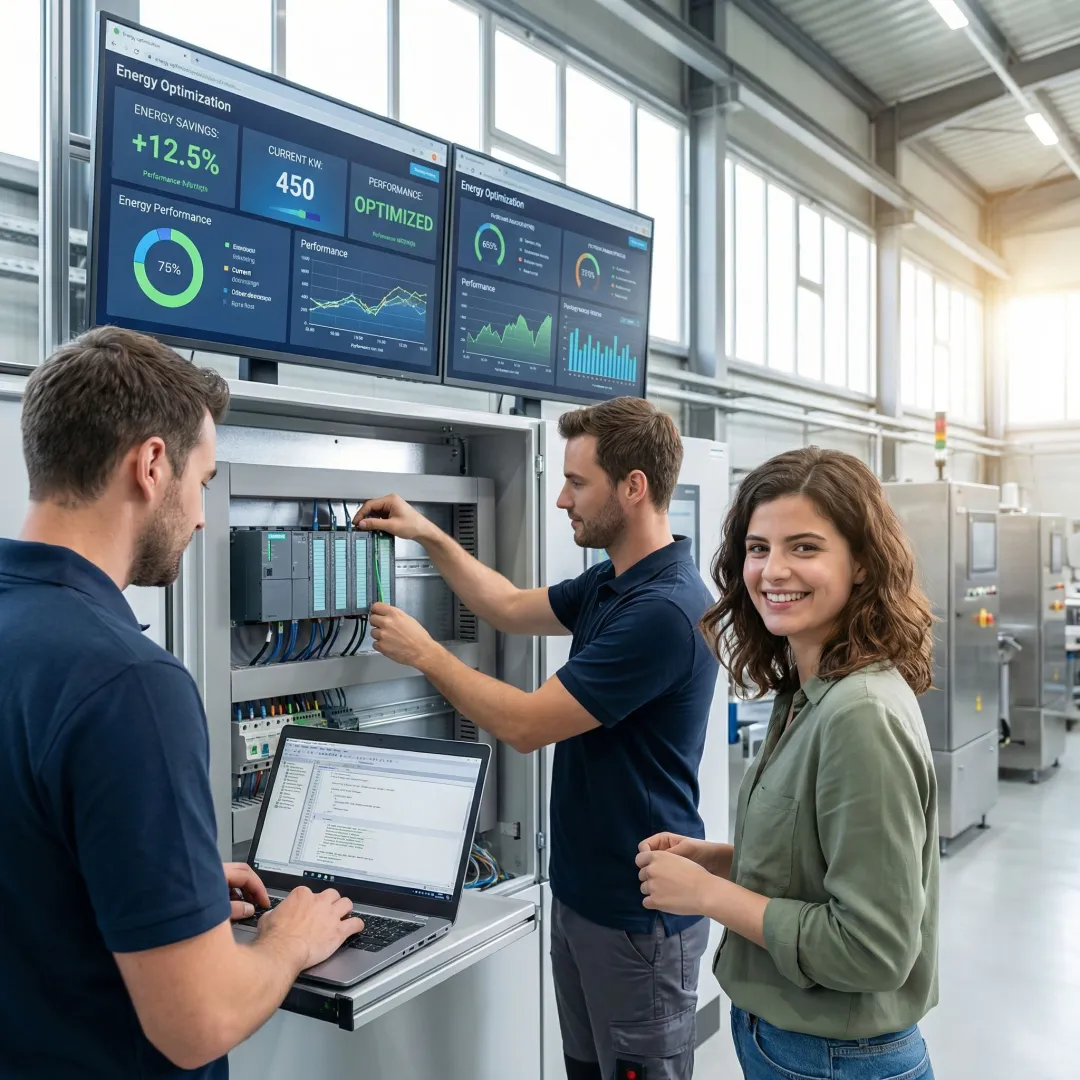 Industrial engineers implementing advanced process control system for energy optimization