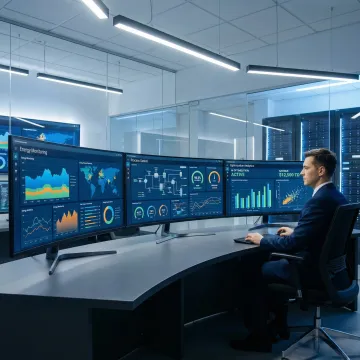 Industrial control room with advanced process control systems monitoring energy performance