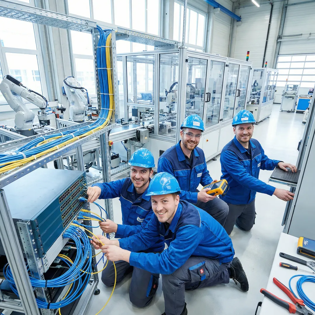 Engineers implementing smart manufacturing systems with industrial automation equipment and digital controls