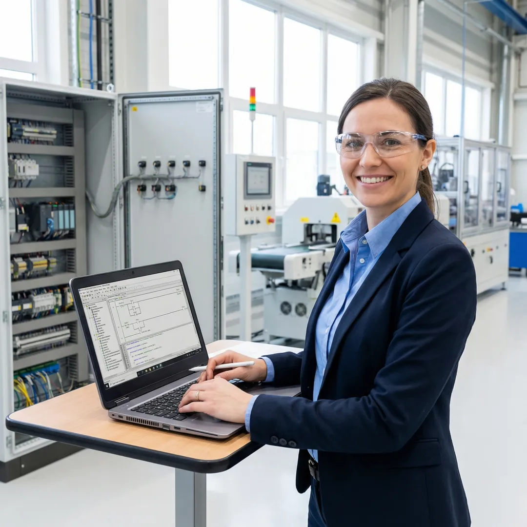 Controls engineer programming PLC system for industrial automation