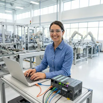 Industrial automation engineer programming PLC control system with laptop