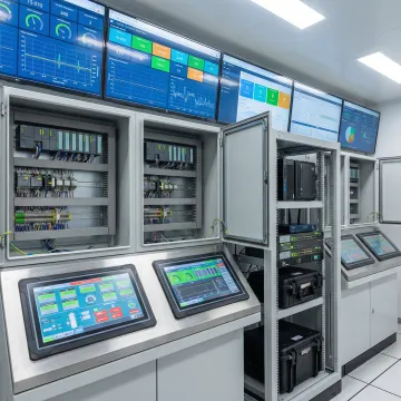 Advanced industrial automation control systems with PLC panels and HMI screens in modern manufacturing facility
