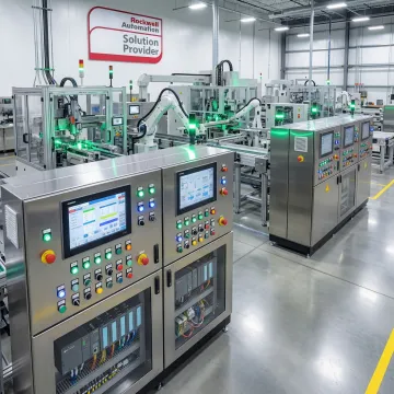 Modern industrial manufacturing facility with PLC automation control panels and programmable logic controllers