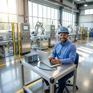 Engineer programming PLC control system in industrial manufacturing environment