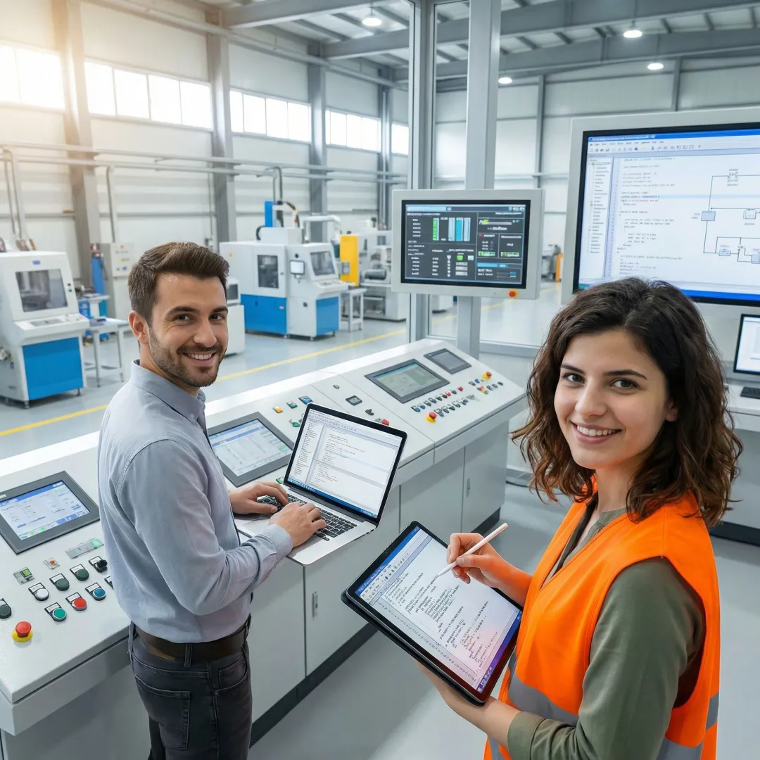Engineers programming and testing PLC automation systems