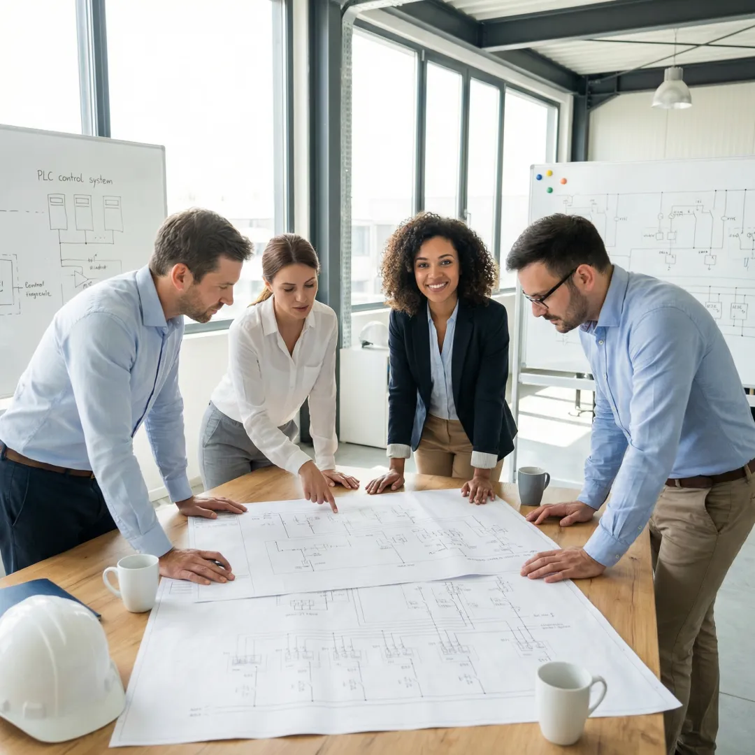 Engineers reviewing industrial automation system blueprints and control panel schematics