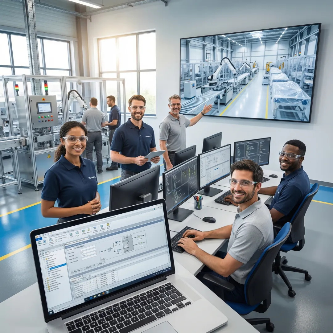 Engineers programming PLC automation system in manufacturing facility