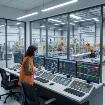 Industrial process control system with monitoring screens and automation equipment in Alabama manufacturing facility