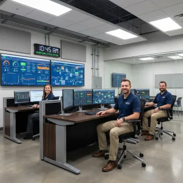 Advanced industrial control room with multiple monitors displaying process data and automation systems
