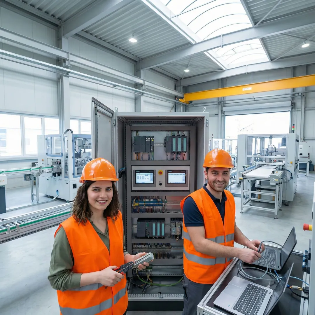 Engineers implementing industrial process control system in manufacturing facility